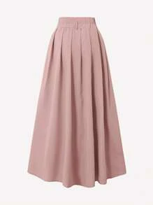 Flirla 加大码高腰褶皱休闲纯色日常黑色半身裙长裙 - 藕粉色 - 查看 2