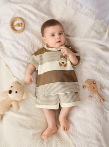 Cozy Pixies Newborn Baby Boy/Girl Cartoon Bear Pattern Knit Soft Crew Neck Short Sleeve Top And Elastic Waist Shorts 2 Pieces Set - Apricot - View 6
