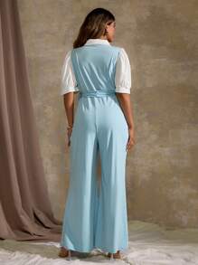 Flirla Plus Size Business Style Contrast Color Button Up Front Short Sleeve Jumpsuit With Belt - Blue - View 2