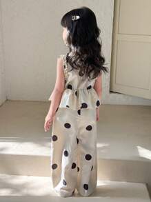 Genkimix Kids 2pcs/Set Toddler Girls Casual Polka Dot Outfit, Includes Cinched Waist Vest Top And Loose Wide Leg Pants, Fashionable Summer