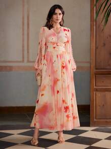 ZEYLAH Vestido largo de manga larga con cuello en V, cintura ceñida y degradado, con aplicaciones de encaje en estilo romántico para primavera/verano y vacaciones - Naranja - Ver 6