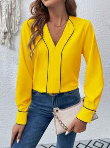 SHEIN LUNE 女士优雅撞色镶边 V 领长袖衬衫，适合日常和派对穿着