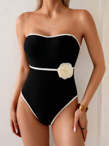 Swim Chiccia 1pc Women's Convertible Strapless One-Piece Floral Print Swimsuit, Comfortable For Vacation & Swimming For Summer - Black - View 3