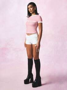 SUMWON WOMEN The Original Logo Cropped Ringer T-Shirt Retro 90s Style Summer Festival Top Baby Tee Y2K Fashion Fitted Basic Tee Essential Streetwear Casual - Baby Pink - View 7