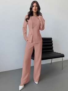 Firerie 节日新款优雅简约通勤复古风格金属纽扣腰部短款白色西装外套和高腰阔腿白色裤子套装，情人节春夏装女士办公室服装商务女性服装职业女性服装秋冬装 - 藕粉色 - 查看 5