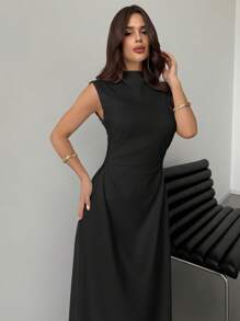 Firerie Elegant & Romantic White Ruched A-Line Maxi Dress With Stand Collar, Sleeveless & Waist Cinched, Suitable For Date, Daily Commute,Bodycon Dress - Black - View 4