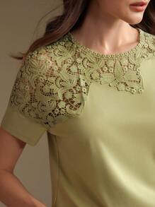 Anewsta Summer New Asymmetrical Lace Patchwork Fashion Women T-Shirt Top - Olive Green - View 3
