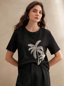 Anewsta 优雅女士春夏圆领短袖白色 T 恤，直筒剪裁基本款度假休闲衬衫，带刺绣花卉图案