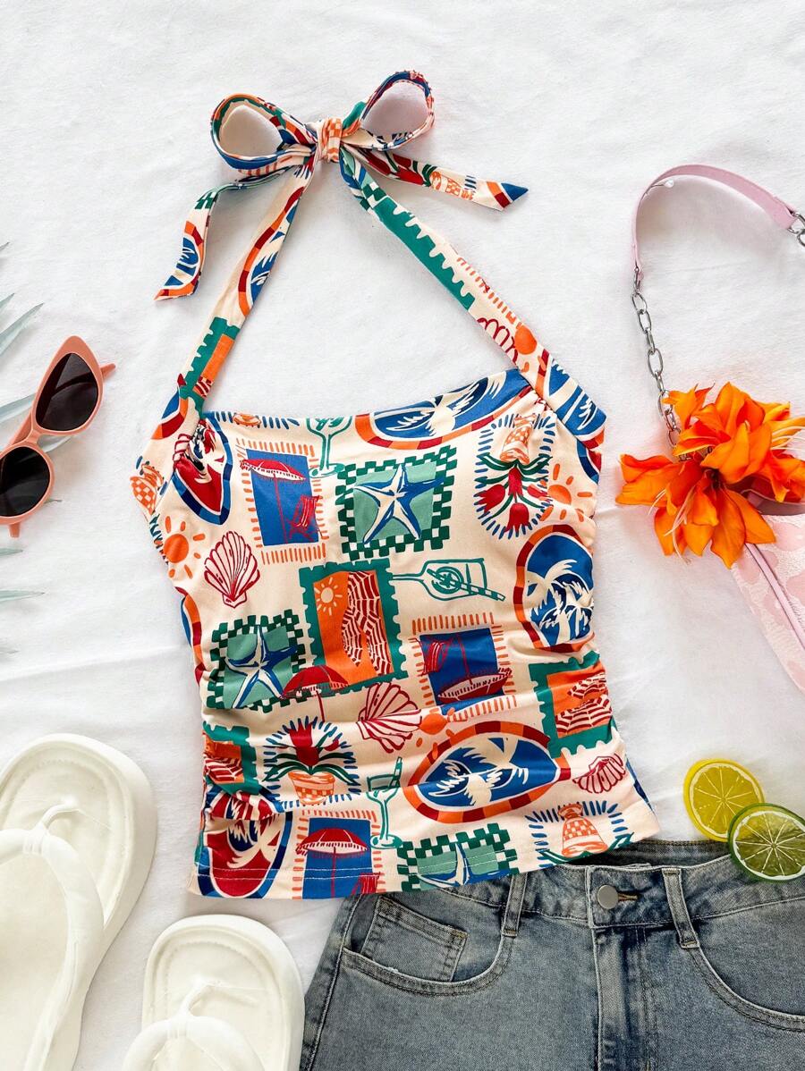 Soleia 女士度假针织浪漫粉色芙蓉印花吊带褶皱腰修身时尚吊带背心，适合春夏时尚、派对、约会、情人节、下午茶、复活节、狂欢节、海滩巡游度假 - 彩色 - 查看 1