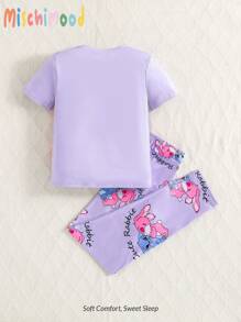 2pcs Cute Bunny Print Stretchy Pajama Set With Short Sleeve Top And Long Pants For Tween Girls Summer - Purple - View 2