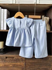SHEIN 2pcs/Set Baby Girl Toddler/Newborn 0-3 Years Spring/Summer Casual Vacation Outfits Cap Sleeve Blouse And Loose Pants Set, Ice Silk Fabric - Blue - View 2