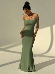 Aloruh 婚礼季节白色露肩褶饰性感紧身美人鱼长裙 - 綠色 - 查看 2
