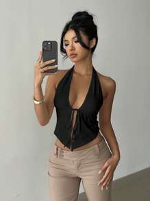 Zyxie Women's Solid Color Slit Hem Front Tie Halter Sexy Tank Top, Summer - Black - View 3