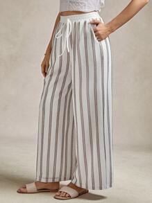 Wildy Women's Casual Resort Striped Print Elastic Waist Loose Palazzo Pants