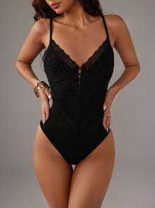 TRNVIE Women's Versatile Lace Black Bodysuit For Vacation, Spring/Summer - Black - View 4