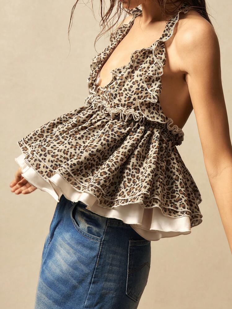 Bohemela Woven Leopard Print Backless Women Shirt