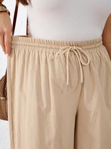SHEIN VCAY Pantalones capri casuales de algodón lavado con cordón en la cintura para mujer de talla grande, adecuados para fiesta en la piscina de verano, estilo boho chic, para brunch, aeropuerto, vacaciones en la playa, vacaciones en la ciudad, vacaciones de verano en Europa, luna de miel, estilo occidental para mujer de talla grande - Albaricoque - Ver 7
