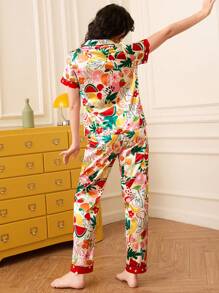 可爱水果和花朵印花缎面女士睡衣套装节日季