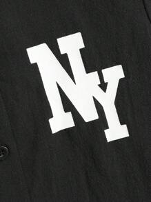 SHEIN Tween 男童休闲字母印花撞色纽扣衬衫，舒适、时尚、百搭、面料柔软，适合上学、旅行、户外运动、春夏季 - 黑色 - 查看 4