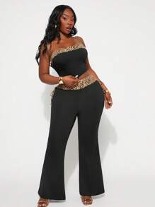 SHEIN SXY Plus Size Women's Spring&Summer Elegant Sexy Basic 2PC-SET With Leopard Patchwork Colorblock Strapless Tube Top And Flared Pants Two Pieces Set,Suitable For Everyday Wear - Multicolor - View 7