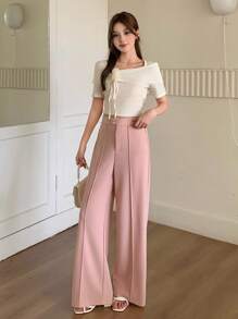 SHEIN Pantalones rectos casuales y versátiles de pierna holgada, de color rosa, elegantes para uso diario y para ir y venir