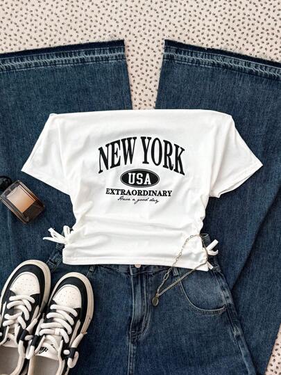 SHEIN Teen Girl Spring & Summer Casual, Sporty T-Shirt, Cropped Length, Shoulder Cut Out, Letter Print, White, Back To School