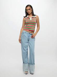 SUMWON WOMEN 无袖橄榄球背心 学院风 Y2K 学院风条纹 Polo 领背心 夏季春季学院风复古休闲街头服饰