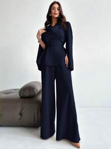 Firerie 2 件套女式系带长袖衬衫上衣和美人鱼下摆裙套装，开衩长袖衬衫 + 美人鱼长裙套装，优雅/通勤/休闲/商务/度假/职业装 - 藏蓝色 - 查看 4