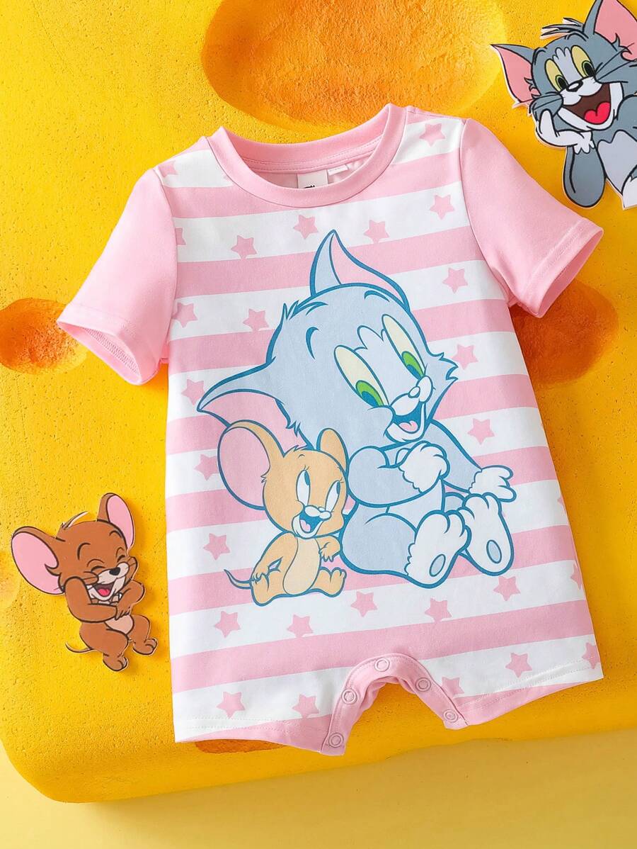 TOM & JERRY X SHEIN Baby Girl Cute Cartoon & Star Pattern Pink & White Striped Cute Romper