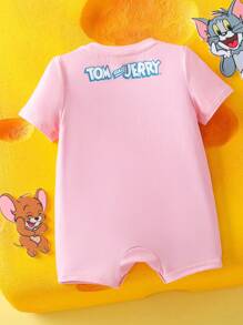 TOM & JERRY X SHEIN Baby Girl Cute Cartoon & Star Pattern Pink & White Striped Cute Romper