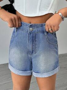 Short vaquero elástico con dobladillo enrollado para uso diario, cómodo y versátil, para niñas adolescentes