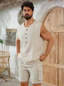 Manfinity RSRT 男士纯色圆领纽扣休闲度假背心，夏季 - 卡其色 - 查看 4