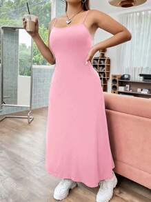 Flirla Plus Size Women's Versatile Basic Dress Maxi Women Outfit - Pink - View 6