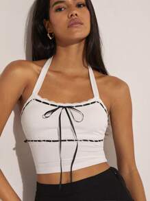 COSMINA Women's Elegant Vacation Black & White Contrast Lace Patchwork Halter Tank Top, Spring/Summer - Black and White - View 1