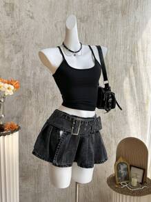 Attitoon ICON 女款高低褶开衩牛仔半身裙