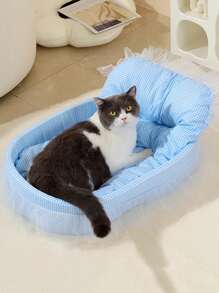 PETSIN 1pc Blue Sweet Princess Style Macaron Dog Color Mesh Floral Lace Design Pet Bed, Suitable For All Seasons, Lightweight & Breathable For Summer, Comfortable Deep Sleep Pet Mat & Nest - Blue - View 1