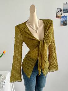 Soleia Áo cánh tay dài bằng vải kết cấu, cổ chữ V, thắt eo, tay loe, mặc ngày lễ thường ngày - màu xanh lá - Xem 7