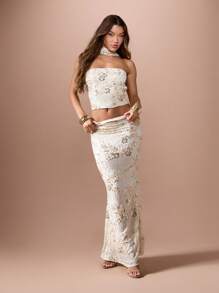 MISSGUIDED 亮片花卉抹胸上衣 特殊场合节日派对束身衣款式上衣 配领带 婚礼宾客晚会节日时尚 - 香檳色 - 查看 3