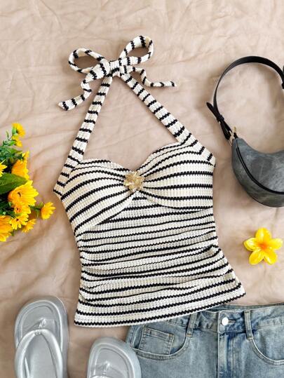 Soleia 波西米亚风、浪漫花卉、度假、花卉主题7月4日服装、上衣、度假上衣、串珠上衣、荷叶边上衣、派对上衣、吊带背心、无袖背心、女士性感露脐上衣（适合7月4日）、V领花卉金属扣白色针织纹理紧身上衣，适合度假、音乐节、波西米亚风节日、约会和下午茶、飘逸上衣、露肩毛衣