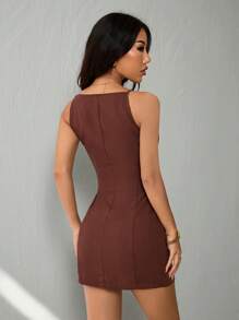 SHEIN PETITE Vestido mini de verano casual para mujer con botones delanteros y tirantes de unicolor - Marrón - Ver 2