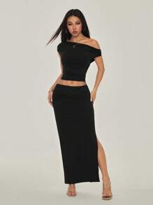 SHEIN PETITE Petite 女士露肩不对称褶皱上衣 + 低腰褶皱高开衩纯色夏季套装 - 黑色 - 查看 6