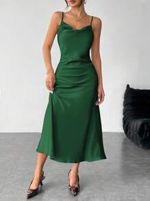 SHEIN PETITE Solid Color Swing Collar Long Satin Satin Suspender Dress Suitable For Dates,Bodycon Dress - Dark Green - View 6