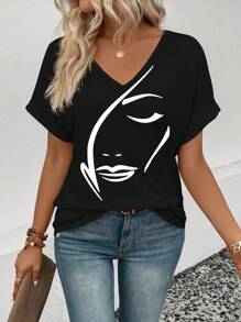 SHEIN Women V-Neck Abstract Art Print Loose Casual Short Sleeve T-Shirt, New Fashion Design