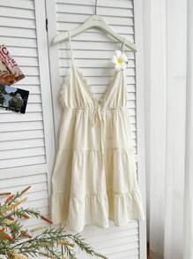 Comfortcana Váy hở lưng ren dệt màu mơ - Màu be - Xem 5