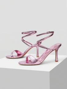 MOTF PREMIUM PU LEATHER STRAPPY ROUND TOE HIGH HEEL SANDALS - Purple - View 4