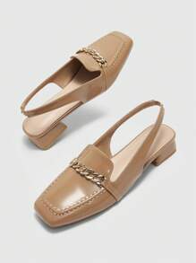 CUCCOO BIZCHIC 女士时尚链条带粗跟方头露跟浅口鞋，适合通勤、约会、派对、节日和度假 - 杏色 - 查看 2