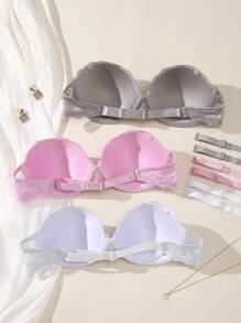 SHEIN 3pcs Women's Everyday Soft & Comfortable Wireless Lace Padded Bra, Versatile All-Match Backless Bralette