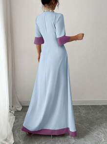 Selianne 优雅花卉刺绣高腰褶皱A字连衣裙，V领设计，色块拼接，夏季 - 彩色 - 查看 2