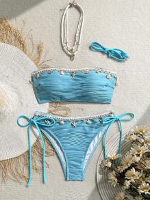 Swim Vcay 2件套纹理纯色贝壳丝带装饰吊带比基尼套装 - 藍色 - 查看 1