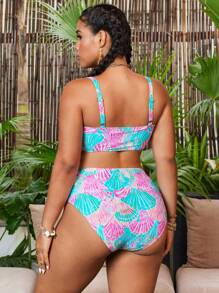 Swim Mod 大码女式休闲度假数码印花坦基尼泳衣套装，细肩带，适合海滩穿着